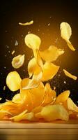 dinamico trasformazione Patata patatine fritte galleggiante a mezz'aria, giallo sfondo, cattura loro creazione processi verticale mobile sfondo ai generato foto