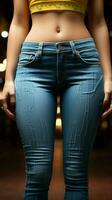montato jeans illustrare womans degno di nota peso perdita risultato, un' visibile trasformazione verticale mobile sfondo ai generato foto