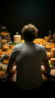 povero dietetico abitudini posteriore Visualizza di uomo mangiare malsano cibo, promozione consapevolezza verticale mobile sfondo ai generato foto