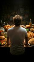 povero dietetico abitudini posteriore Visualizza di uomo mangiare malsano cibo, promozione consapevolezza verticale mobile sfondo ai generato foto