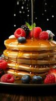 Shrove martedì indulgenza miele cascate al di sopra di pancake pila ornato con fresco frutta verticale mobile sfondo ai generato foto