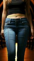 riuscito viaggio womans jeans in forma meravigliosamente inviare peso perdita, un' personale trionfo verticale mobile sfondo ai generato foto