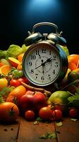 sano scena frutta, verdure circondare un allarme orologio, raffigurante un' salutare stile di vita verticale mobile sfondo ai generato foto