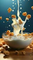 sano mattina volante muesli, latte spruzzo ciotola culle nutriente prima colazione componenti verticale mobile sfondo ai generato foto