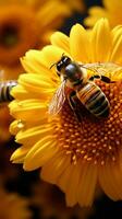 api raccogliere girasole nettare, spolverato nel giallo polline, un' impollinazione meraviglia verticale mobile sfondo ai generato foto