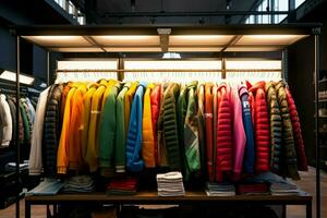 nel il capi di abbigliamento negozio, un' colorato assortimento di alla moda indumenti attende ai generato foto