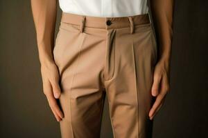 un' mano vetrine leggero Marrone beige pantaloni con un elegante toccare ai generato foto