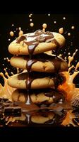 un' caotico sinfonia distrutto cioccolato patata fritta biscotti cosparso con cacao inzuppato frammenti verticale mobile sfondo ai generato foto