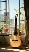 un' classico chitarra grazie un' moderno città appartamento, ponte epoche con eleganza. verticale mobile sfondo ai generato foto
