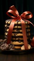 un' davanti Visualizza di delizioso biscotti, ad arte avvolto con un' elegante buio arco verticale mobile sfondo ai generato foto
