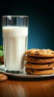 un' bicchiere di latte perfettamente complementi un' servendo di caldo fiocchi d'avena biscotti verticale mobile sfondo ai generato foto