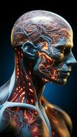 anatomico figura con 3d reso cervello evidenziato per medico visualizzazione verticale mobile sfondo ai generato foto