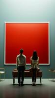coppia in piedi nel davanti di un' vuoto parete, visualizzazione esso a partire dal dietro a verticale mobile sfondo ai generato foto