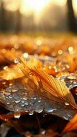 d'oro autunno le foglie su erba, bagnata nel il morbido mattina luce del sole verticale mobile sfondo ai generato foto