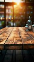 nel un' tranquillo, calmo atmosfera, un' di legno tavolo sta con un' morbido sfocatura verticale mobile sfondo ai generato foto