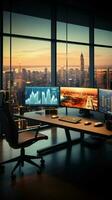 moderno aziendale ufficio con un' lato Visualizza di schermi visualizzazione finanziario dati verticale mobile sfondo ai generato foto