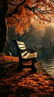 un' parco panchina circondato di il travolgente splendore di un autunno scena verticale mobile sfondo ai generato foto