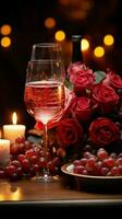 tavolo per romanza rosso vino candele Rose verticale mobile sfondo ai generato foto