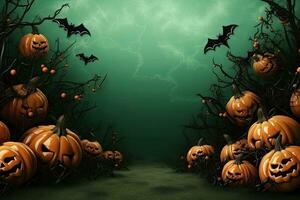 Halloween sfondo con zucche e pipistrelli. 3d illustrazione. ai generato. foto