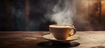 tazza di caffè su un' di legno tavolo con Fumo su il sfondo. ai generato. foto