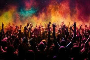 folla a un' musica Festival con sollevato mani. colorato sfondo. ai generato. foto