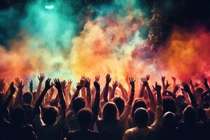 applauso folla a un' vivere musica concerto con colorato Fumo e fuoco. ai generato. foto