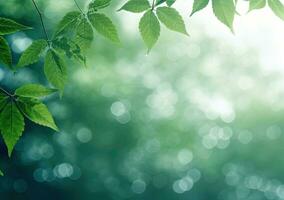 verde le foglie sfondo nel soleggiato giorno con bokeh e copia spazio. ai generato. foto