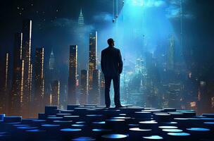 indietro Visualizza di uomo d'affari guardare a notte città. 3d resa. ai generato. foto