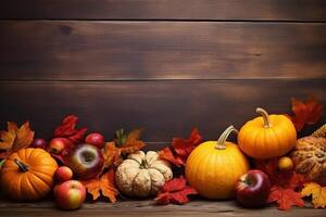 autunno ancora vita con zucche, mele e le foglie su di legno sfondo. ai generato. foto