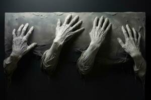 mani di il mummia con un' nero stoffa su un' nero sfondo. ai generato. foto