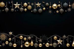 Natale o nuovo anno nero sfondo con d'oro e argento palline, stelle e fiocchi di neve. ai generato. foto