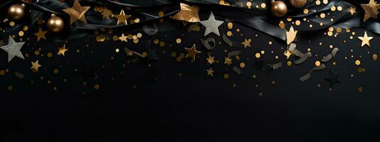 nero sfondo con d'oro stelle e coriandoli. festivo decorazione. ai generato. foto