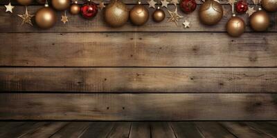Natale sfondo con di legno tavole e Natale ornamenti. ai generato. foto