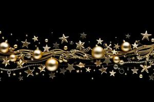 Natale sfondo con d'oro palline e stelle su nero sfondo. ai generato. foto