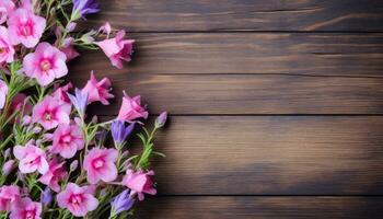 mazzo di rosa e viola fiori su un' di legno sfondo. ai generato. foto