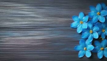 blu croco fiori su un' di legno sfondo. superiore Visualizza con copia spazio. ai generato. foto