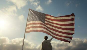 posteriore Visualizza di uomo agitando americano bandiera contro blu cielo con nuvole. ai generato. foto