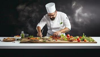 capocuoco preparazione un' Pizza su un' di legno tavola su un' buio sfondo. ai generato. foto