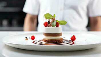 cioccolato torta con fragole e menta su un' bianca piatto nel il cucina. ai generato. foto