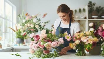 fioraio fabbricazione bellissimo mazzo nel fiore negozio. floristica concetto. ai generato. foto