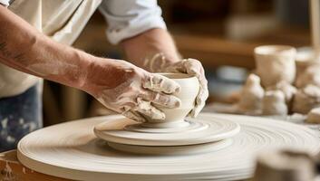 avvicinamento di un' di vasaio mani Lavorando su un' ceramica ruota. ai generato. foto