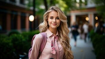 bellissimo bionda ragazza nel rosa cappotto a piedi su città strada a estate. ai generato. foto