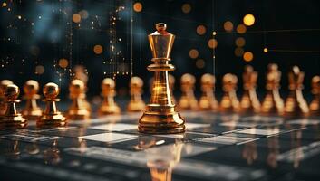 d'oro scacchi re su il scacchiera. attività commerciale strategia concetto. ai generato. foto