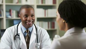 africano americano maschio medico parlando per femmina paziente nel ospedale ufficio. medicina e assistenza sanitaria concetto. ai generato. foto