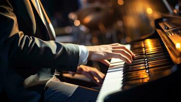 vicino su di maschio mani giocando il pianoforte nel un' concerto sala. ai generato. foto