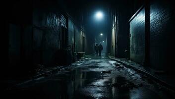uomo a piedi nel un' buio vicolo a notte. orrore film concetto. silhouette di un' uomo a piedi nel un' buio vicolo a notte. ai generato. foto