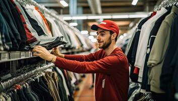 venditore nel rosso uniforme è la scelta abbigliamento sportivo nel il negozio. ai generato. foto
