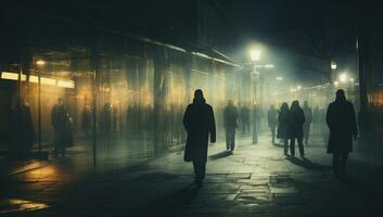 sagome di persone a piedi su il strada a notte nel il nebbia. ai generato. foto