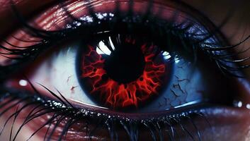 avvicinamento di umano occhio con rosso raggiante iris. ai generato. foto