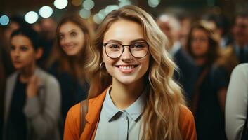 ritratto di un' sorridente giovane donna d'affari nel bicchieri guardare a telecamera. ai generato. foto